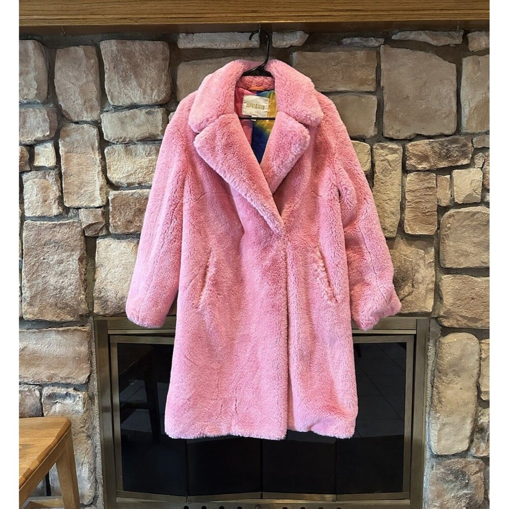 Apparis Faux Fur Pink Coat Mid Length Single Breasted Button Women’s Sz S Lined